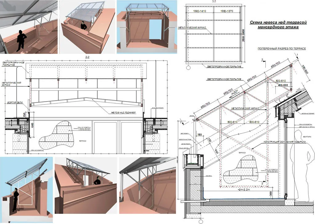 Схема и размеры навеса из поликарбоната для террасы