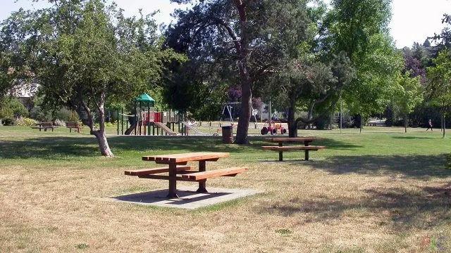 Деревянные лавки со столешницами в парке