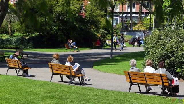 Люди сидят на скамейках вдоль аллеи парка