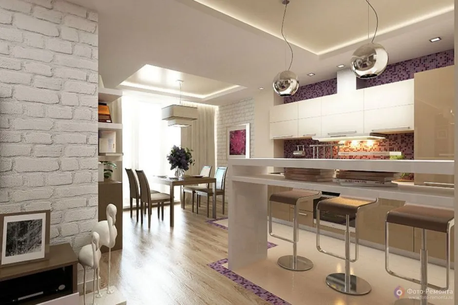 Кухня с гостиной в современном стиле в светлых тонах