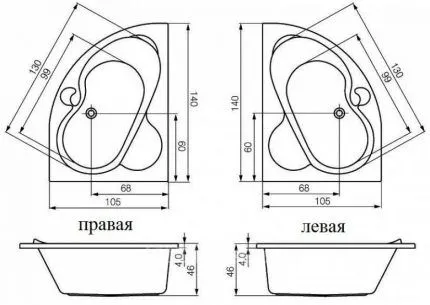 Левая и правая асимметричная ванна