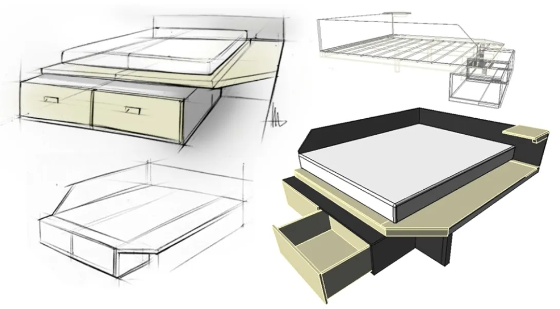 Эскизы к проекту встроенной кровати с выдвижными ящиками