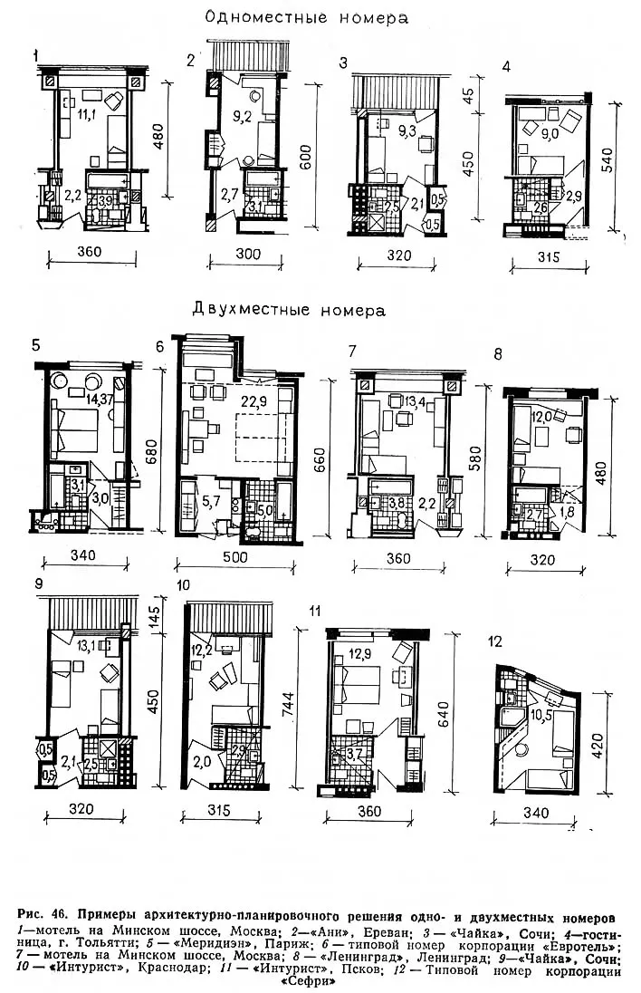 Рис. 46. Примеры архитектурно-планировочного решения одно- и двухместных номеров