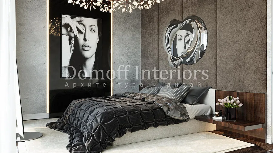 Мягкие стеновые панели в спальне темно-серого цвета в стиле лофт
