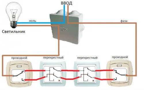 наглядная схема подключения четырех выключателей