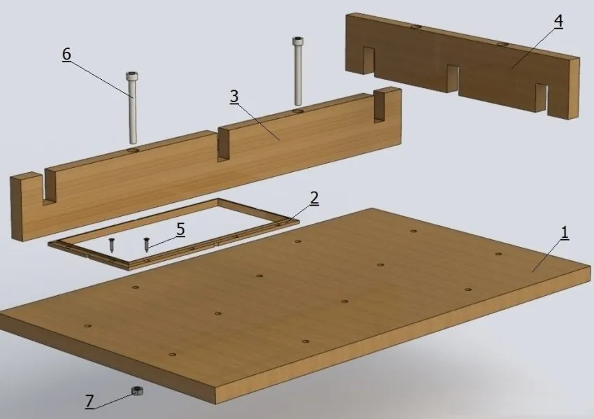 Рисунок 1. Конструкция деревянной формы для тротуарной плитки: 1 - основа, 2 - вставка, 3 - продольная стенка, 4 - поперечная стенка, 5 - шуруп, 6 - винт, 7 - гайка