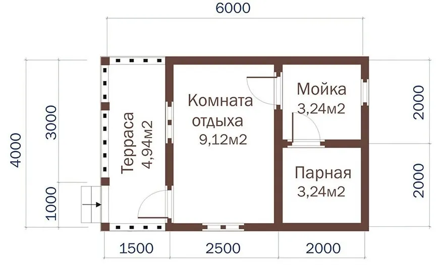 Планировка бани с террасой