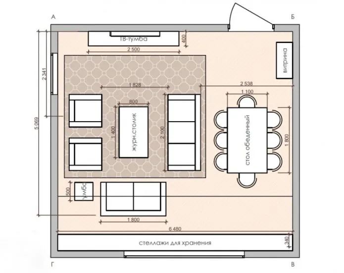 план кухни-гостиной квадратной формы