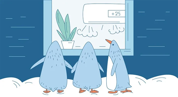 Нарисованные пингвины смотрят с улицы в окно, комната с кондиционером отапливает квартиру зимой, температура в помещении +25°