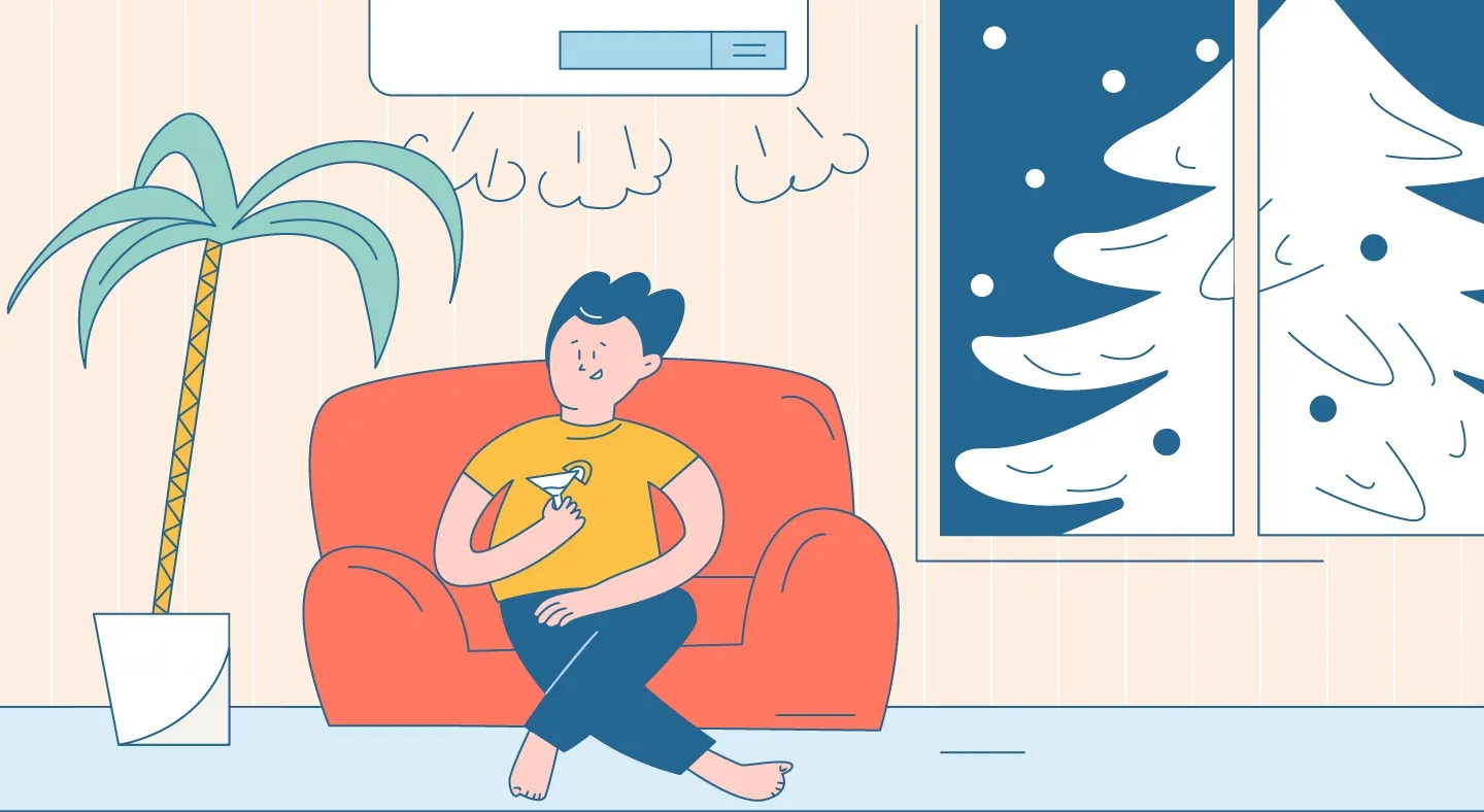 Нарисованный парень сидит на диване в комнате с кондиционером и пальмой, тепловой насос, как обойтись без обогревателя зимой