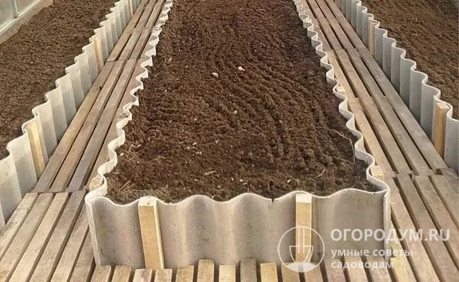 Шиферные грядки-короба в сочетании с дощатыми настилами помогут поддерживать порядок и чистоту в теплице