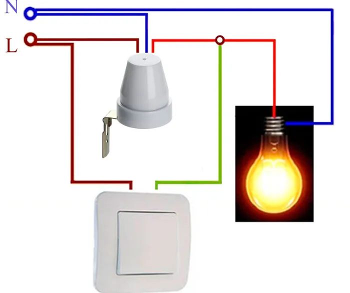 Как подключить выключатель света к лампочке. Подключение датчика освещенности с выключателем. Детектор освещения схема подключения. Схема подключения датчика движения и фотореле для освещения. Датчик света день и ночь схема подключения с выключателем.
