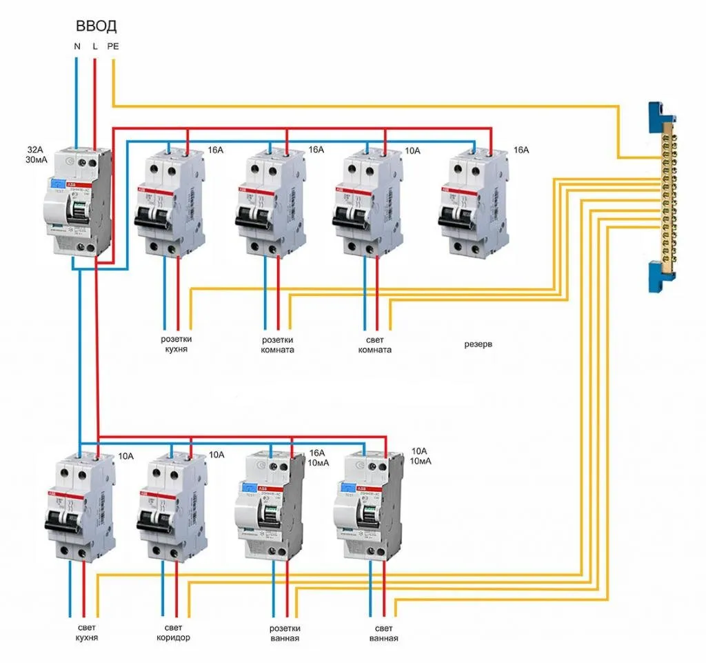 Какой автоматический выключатель для дома. Схема подключения двухполюсного дифференциального автомата. Схема подключения УЗО автомат выключатель. Схема подключения 2х полюсного УЗО. Схема подключения дифференциального автомата однофазный.