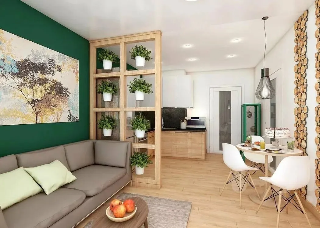 Купить однокомнатную квартиру в зеленом. Экостиль кухня гостиная. Интерьер зелёный экостиль. Кухня-гостиная экостиль в интерьере. Экостиль гостиная интерьер.